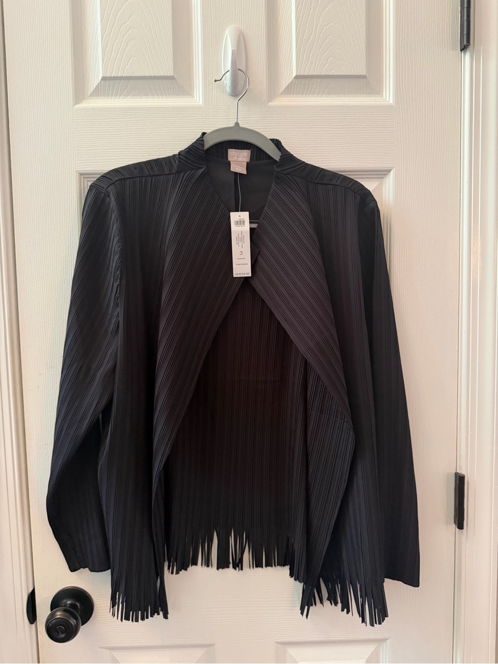 NWT Chico’s Travelers Fringe Pleated Jacket Size 3 XL Black Open Front